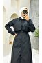 Black Women's Trench Coat with Lined Inside and Button Detail - 7