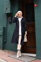 Navy Blue Striped and Hooded Waterproof Women's Trench Coat - 5