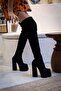 Black Suede Stretch Design Double Platform Women's Shoes Reilly - 2