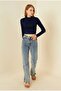Navy Blue Women's Crop Blouse - Long Sleeve, Half Turtleneck - 5