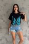 Women's Black Blue New Season Complete Sequin Embroidered Tassel Design Cotton T-Shirt - 4