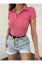 Fitted Pink Polo Neck Short Sleeve Camisole Crop Blouse - 6