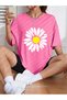 Women's Daisy Printed T-Shirt - Oversize Crew Neck T-Shirt