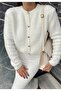 Women's Model Ecru Crew Neck Gold Buttoned Teddy Cardigan - 8