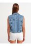 Women's Indigo Shirt Collar Pocket Detailed 100% Cotton Denim Vest Jacket - 7