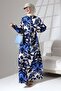 100% Viscose - Long Floral Print Collarless Summer Dress with Buttons and Belt - 3