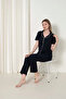 Women's Short Sleeve Black and White Piping Cotton Lycra Button Pajamas Set - 2