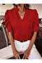 Women's V-Neck Balloon Sleeve Sofia Linen Fabric Blouse (Color)
