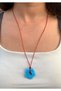 Blue Glass Flower Faux Leather Red Necklace - 2