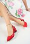 Women's Red Leather Heeled Classic Casual Shoes - 3