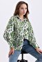 Women's Patterned Balloon Sleeve Oversized Satin Shirt with Drawstring Detail at the Shoulder - 4