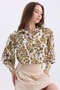 Women's Patterned Balloon Sleeve Oversized Satin Shirt with Drawstring Detail at the Shoulder