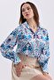 Women's Ethnic Patterned Oversize Satin Shirt with Balloon Sleeves and Shoulder Shirts