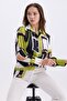 Women's Geometric Print Balloon Sleeve Shoulder Drawstring Detail Oversize Satin Shirt - 4