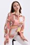 Women's Geometric Print Balloon Sleeve Shoulder Drawstring Detail Oversize Satin Shirt - 4