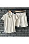 Ecru Waffle Fabric Short Sleeve Shirt and Shorts Set