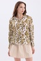 Women's Patterned Balloon Sleeve Oversized Satin Shirt with Drawstring Detail at the Shoulder - 5