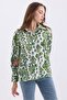 Women's Patterned Balloon Sleeve Oversized Satin Shirt with Drawstring Detail at the Shoulder - 2