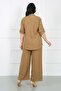 Women's Light Coffee Pocket Rhinestone Soft Linen Plus Size Shirt - 4