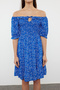 Blue Floral Print Skirt Waist Opening Madonna Neck Viscose Woven Dress Twoss24El01033 - 4