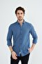 Men's Indigo Slim Fit Slim Fit Buttoned Collar Linen Look 100% Cotton Flared Shirt - 2