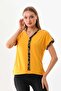 Women's Patterned V-Neck Short Sleeve Blouse 23151 Yellow