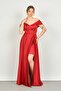 Women's Low Sleeve Corsage Flared Long Evening Dress 3475 Red