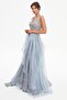 Women's Deep Back Decollete Layered Evening Dress 260560 Gray