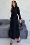 Women's Black Crew Neck Buttoned Waist Tie Modest Dress - 4