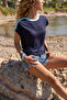Women's Navy Blue Color Block Garnished Shoulder T-shirt Bst3229