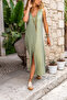 Women's Khaki Muslin V-Neck Front Slit Long Loose Dress Bst3419