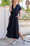 Women's Black Muslin Double Breasted Self-Belt Side Slit Dress BST700-3612
