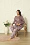 Plum Color Floral Print Pajamas Set with Long Sleeve Crew Neck - 2