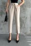 Women's Skinny Leg Pleated Belted Seasonal Fabric Trousers Cream