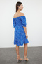 Blue Floral Print Skirt Waist Opening Madonna Neck Viscose Woven Dress Twoss24El01033 - 5