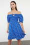 Blue Floral Print Skirt Waist Opening Madonna Neck Viscose Woven Dress Twoss24El01033 - 2