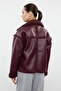 Bordo Peluş Detaylı Suni Deri Biker Ceket Mont TWOAW25MO00066 - 13