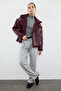 Bordo Peluş Detaylı Suni Deri Biker Ceket Mont TWOAW25MO00066 - 18