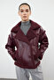 Bordo Peluş Detaylı Suni Deri Biker Ceket Mont TWOAW25MO00066 - 10