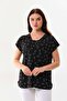 Women's Patterned V-Neck Short Sleeve Blouse 23126 Black