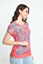Women's Patterned Blouse with Tulle Detail on the Hem 5010036 Coral - 4