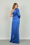 Women's One Sleeve and Shoulder Detailed Sweep Train Long Evening Dress 0472 Cobalt Blue - 4
