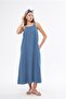 Blue Woven Dress with Stone-Embellished Shoulders and Draped Pockets, Square Neckline - 5