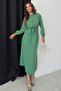 Women's Green Crew Neck Buttoned Waist Tie Modest Dress - 3