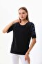 Women's Sleeves Patterned Crew Neck Blouse 19381 Black - 3