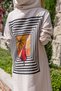 Women's Stone Linen Hooded Long Dress with Side Slits and Printed Back Bst3225 - 2