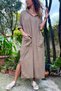 Women's Bronze Hooded Pocket Sequin Loose Linen Look Long Dress Rsd1224 - 3