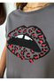 Women's Anthracite Lip Printed Basic T-shirt - 4