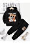 Cocuk Unisex Black Treasure Coin Teddy Bear Printed Hooded Tracksuit Set