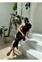 Women's Black Imported Crepe Fabric Rose Detail Lined Design Dress - 4